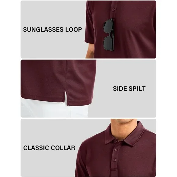 Men's Wine Red Short Sleeve Quick Dry Collared Moisture Wicking Polo Shirts